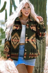 Green Aztec Print Flap Pockets Long Sleeve Shacket Green 100%Polyester Jackets JT's Designer Fashion