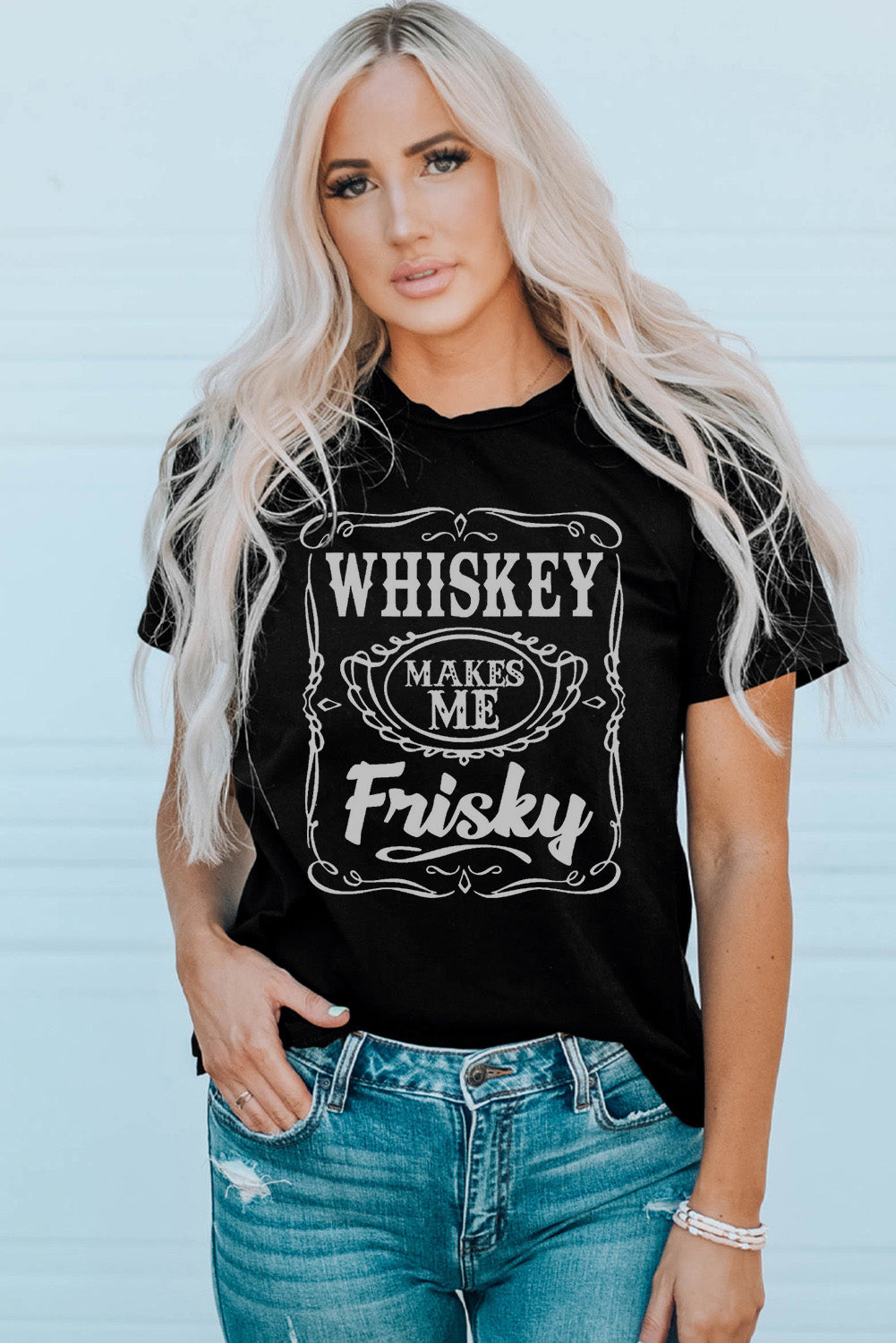 Black WHISKEY Makes Me Frisky Print Graphic Tee Graphic Tees JT's Designer Fashion