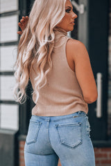 Oatmeal Solid Color Turtleneck Knit Tank Top Sweaters & Cardigans JT's Designer Fashion