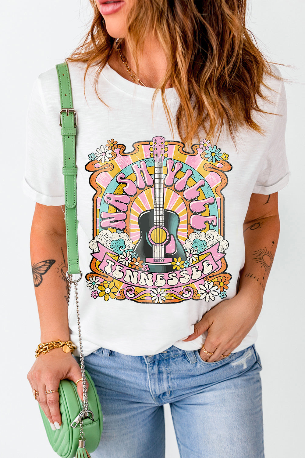 White NASHIVILLE Guitar Graphic Country Music T Shirt Graphic Tees JT's Designer Fashion