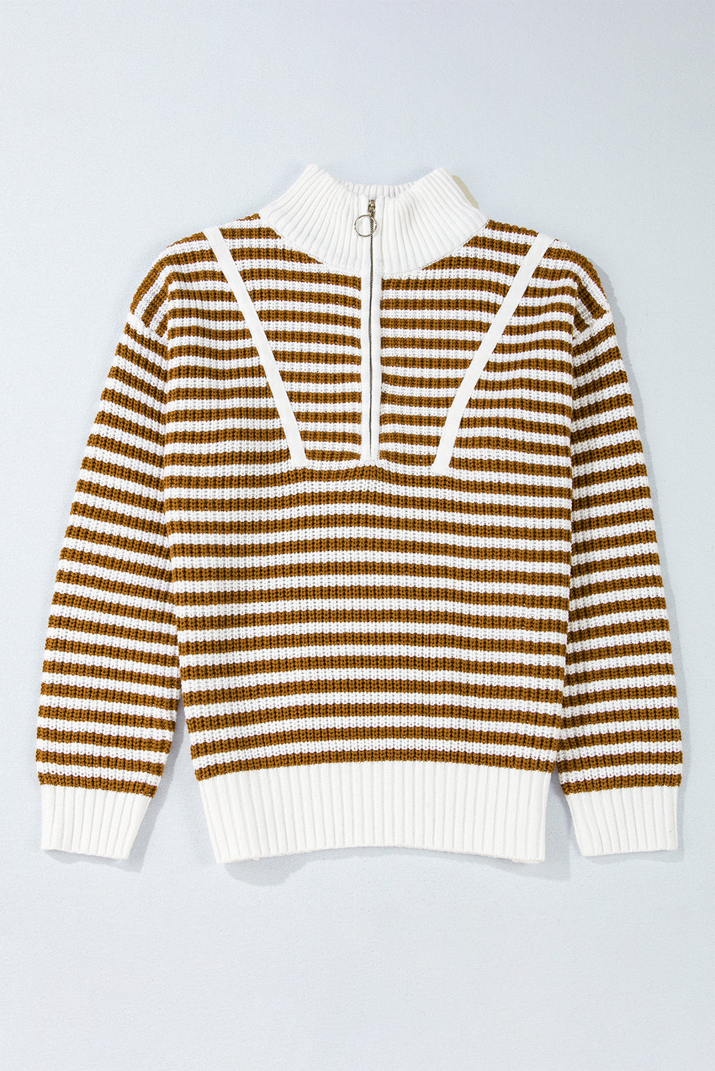 Khaki Stripe Zip up Collar Drop Shoulder Sweater Sweaters JT's Designer Fashion