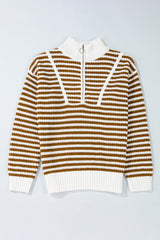 Khaki Stripe Zip up Collar Drop Shoulder Sweater Sweaters JT's Designer Fashion