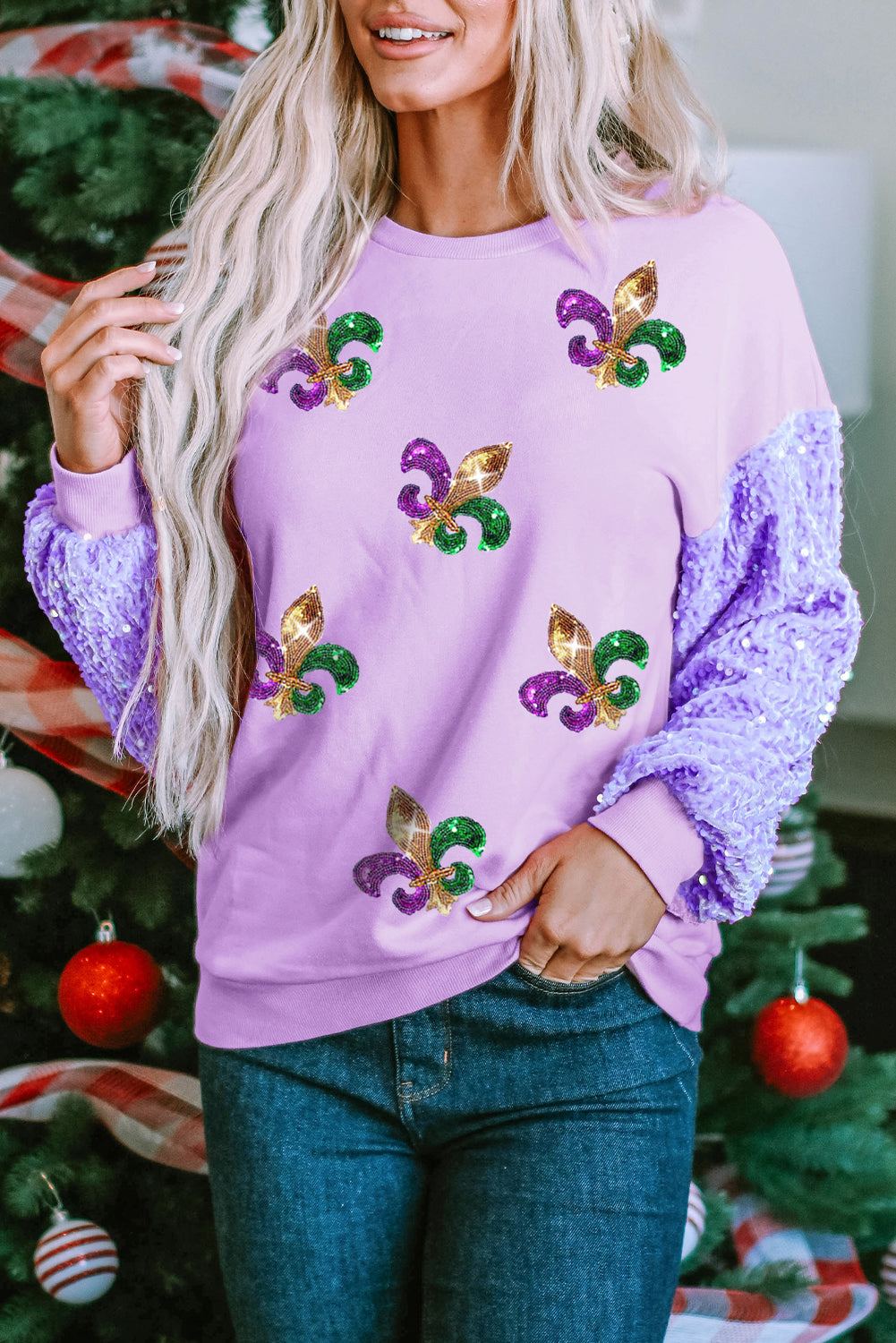 Orchid Petal Sequin Patchwork Long Sleeve Fleur de Lis Patched Pattern Top Graphic Sweatshirts JT's Designer Fashion