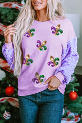 Orchid Petal Sequin Patchwork Long Sleeve Fleur de Lis Patched Pattern Top Graphic Sweatshirts JT's Designer Fashion