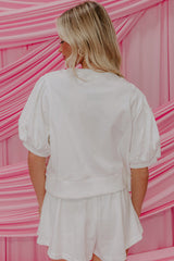 White Contrast Bow Trim Pearl Puff Sleeve Blouse and Skort 2pcs Set Short Sets JT's Designer Fashion