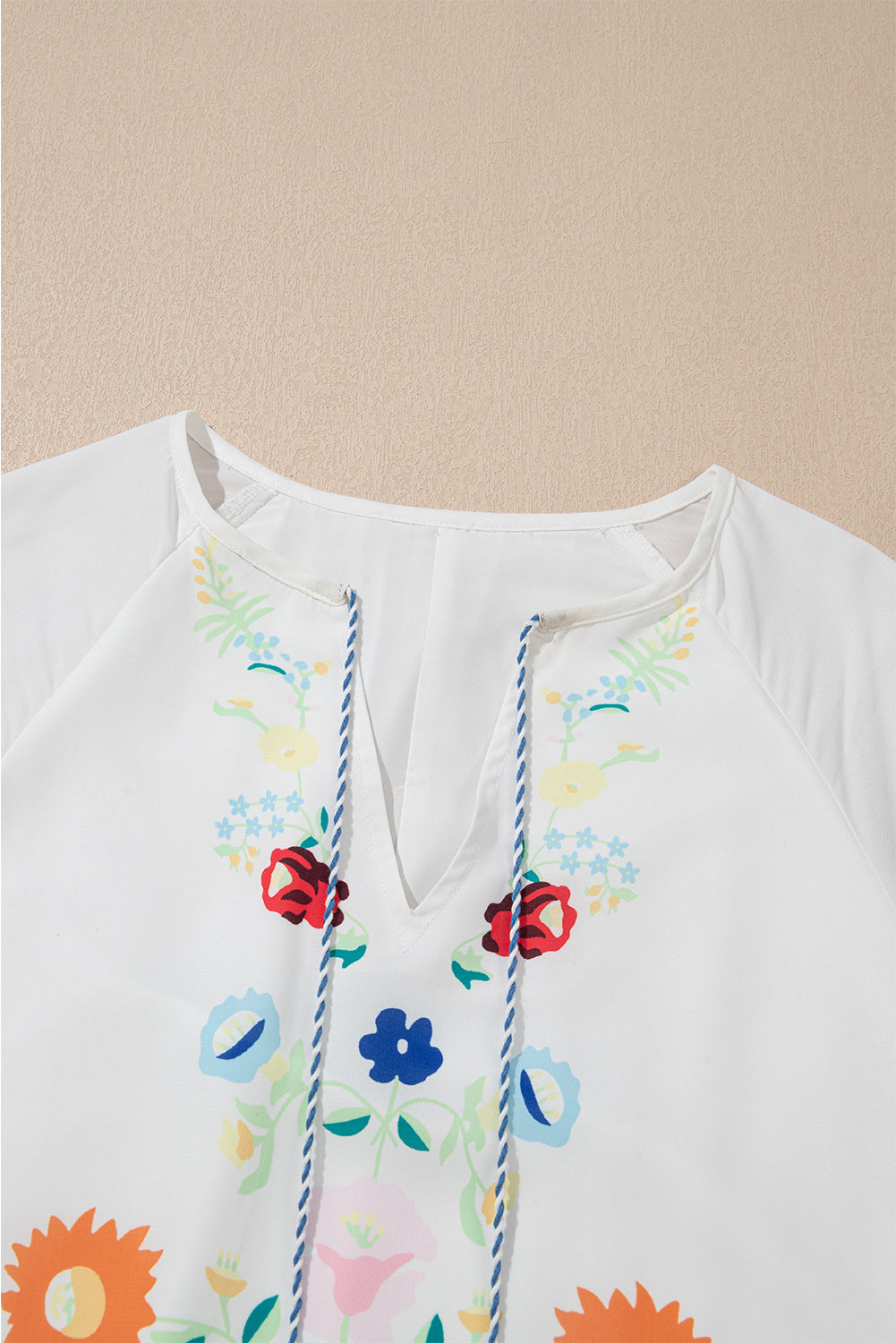 White Floral Print Boho Tassel Tie Split Neck Tucking Detail Puff Sleeve Mini Dress Mini Dresses JT's Designer Fashion