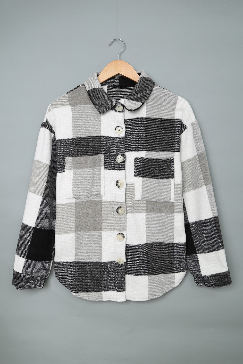 Gray Plaid Color Block Buttoned Long Sleeve Jacket with Pocket Plaid Shackets JT's Designer Fashion