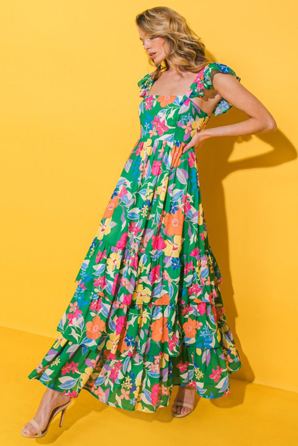 Green Floral Print Sleeveless Ruffle Tiered Maxi Dress Floral Dresses JT's Designer Fashion