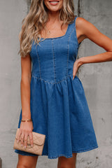 Sail Blue Square Neck Bowknot A-line Sleeveless Denim Dress JT's Designer Fashion