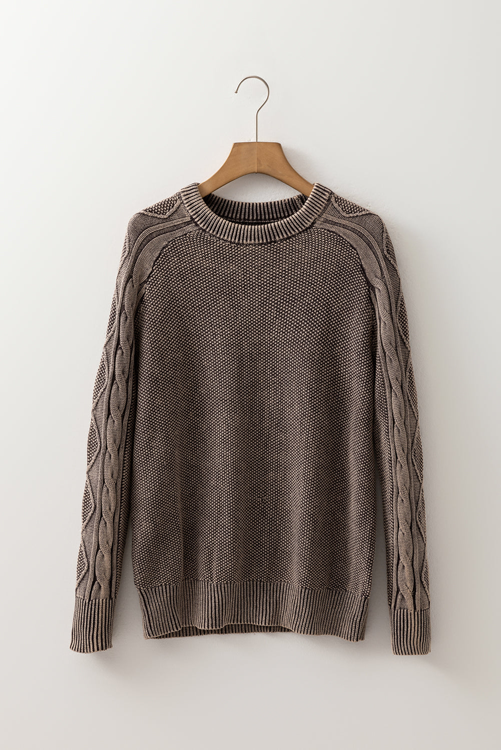 Dark Brown Contrast Cable Knit Sleeve Casual Sweater Sweaters JT's Designer Fashion