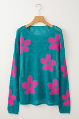 Sea Green Big Flower Hollowed Knit Drop Shoulder Sweater Sweaters JT's Designer Fashion