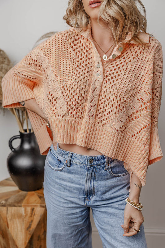 Apricot Pink Hollowed Knit 3/4 Dolman Sleeve Buttoned Collared Sweater Apricot Pink 100%Acrylic Cardigans JT's Designer Fashion