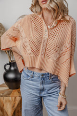 Apricot Pink Hollowed Knit 3/4 Dolman Sleeve Buttoned Collared Sweater Apricot Pink 100%Acrylic Cardigans JT's Designer Fashion