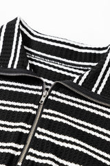 Black Stripe Textured Quarter Zip Collar Long Sleeve Top Long Sleeve Tops JT's Designer Fashion