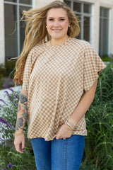 Khaki Checkerboard Short Batwing Sleeve Round Neck Plus Size T Shirt Plus Size Tops & Tees JT's Designer Fashion