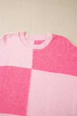 Pink Checkered Colorblock Striped High Low Loose Sweater Sweaters JT's Designer Fashion