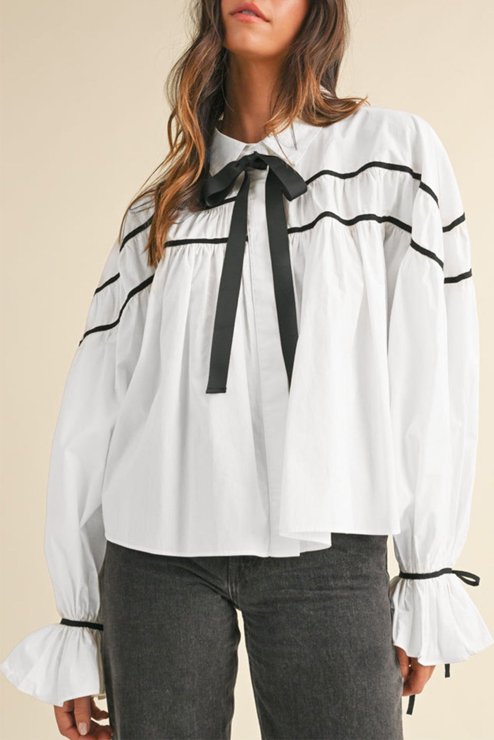 White Black Pipping Ribbon Bowtie Collared Ruffled Puff Sleeve Shirt White 100%Cotton Blouses & Shirts JT's Designer Fashion
