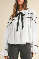 White Black Pipping Ribbon Bowtie Collared Ruffled Puff Sleeve Shirt White 100%Cotton Blouses & Shirts JT's Designer Fashion