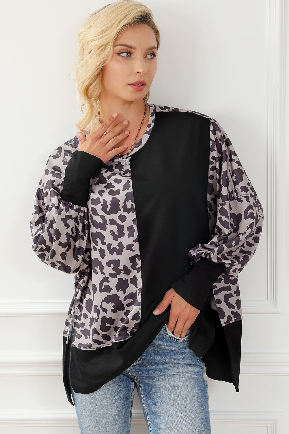 Black Leopard Patchwork Bishop Sleeve Slit Sweatshirt Sweatshirts & Hoodies JT's Designer Fashion