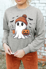 Gray Halloween Ghost Print Crewneck Drop Shoulder Sweatshirt Graphic Sweatshirts JT's Designer Fashion