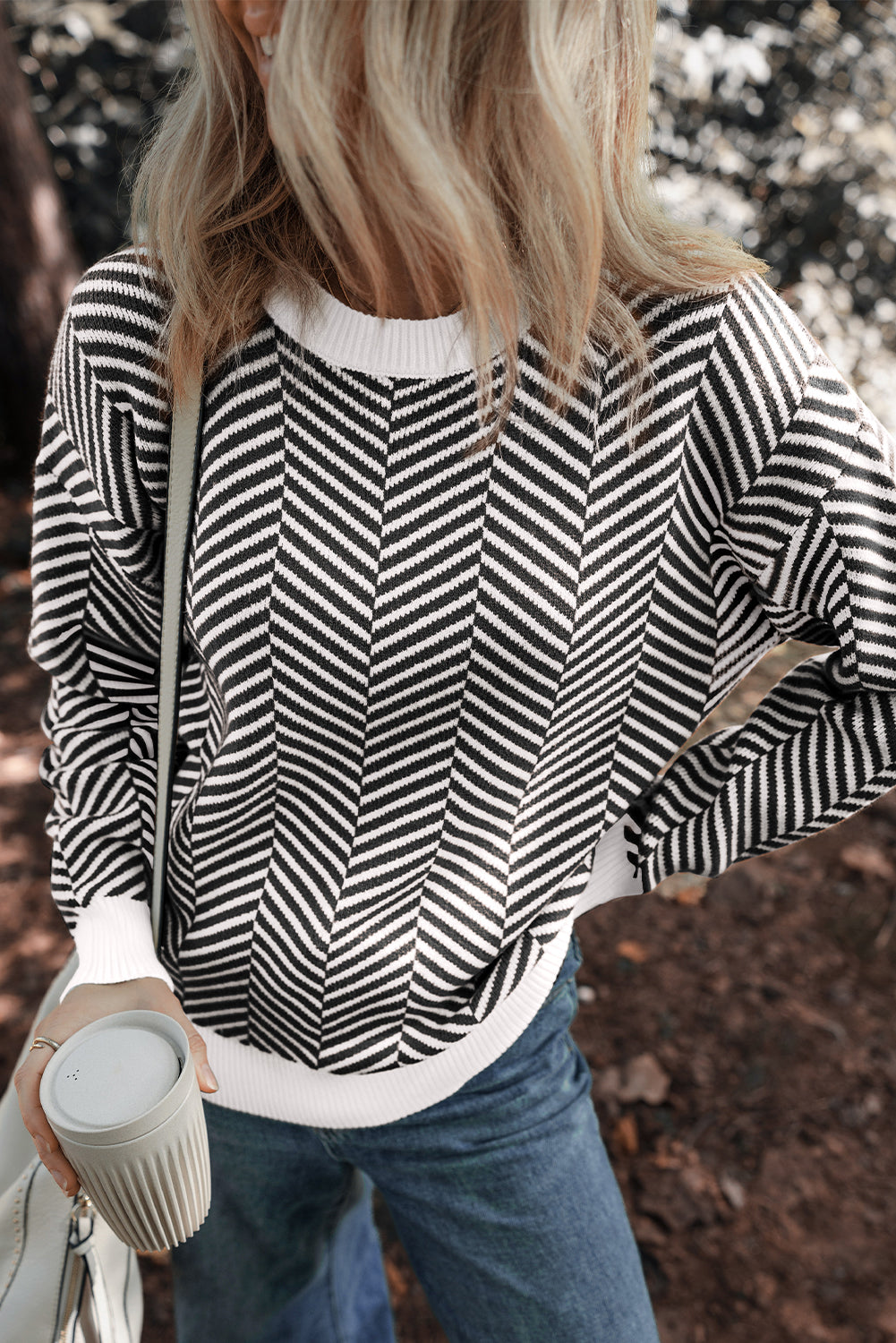 Black Contrast Edge Crew Neck Drop Shoulder Sweater Sweaters JT's Designer Fashion