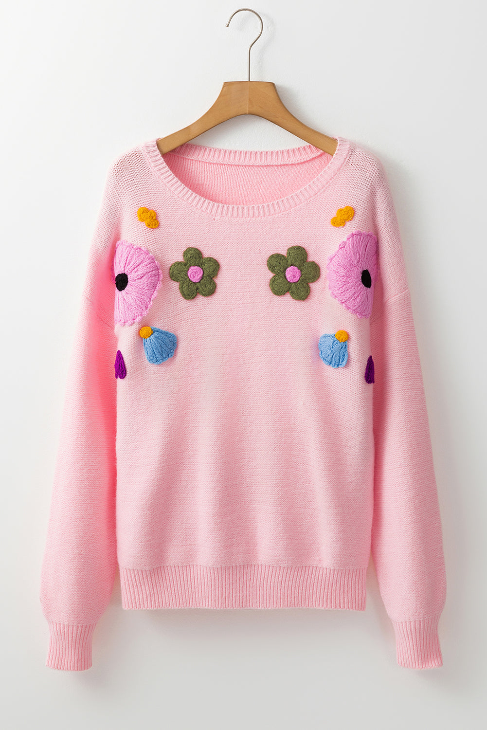 Pink Knitted Flower Pattern Ribbed Edge Sweater Sweaters JT's Designer Fashion