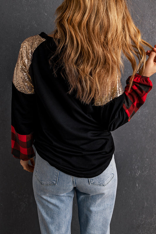 Black Crewneck Lantern Sleeve Plaid Sequin Splicing Blouse Long Sleeve Tops JT's Designer Fashion