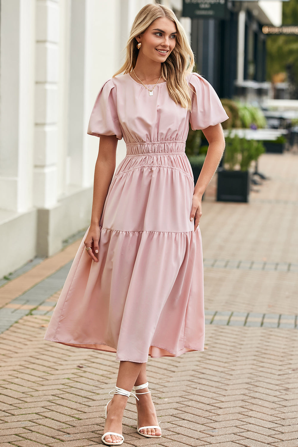 Pink Puff Sleeve Pleated High Waist Flowy Long Dress Maxi Dresses JT's Designer Fashion