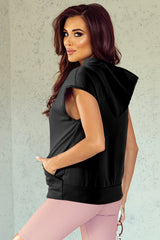 Black Solid Color Cap Sleeve Kangaroo Pocket Hoodie Sweatshirts & Hoodies JT's Designer Fashion