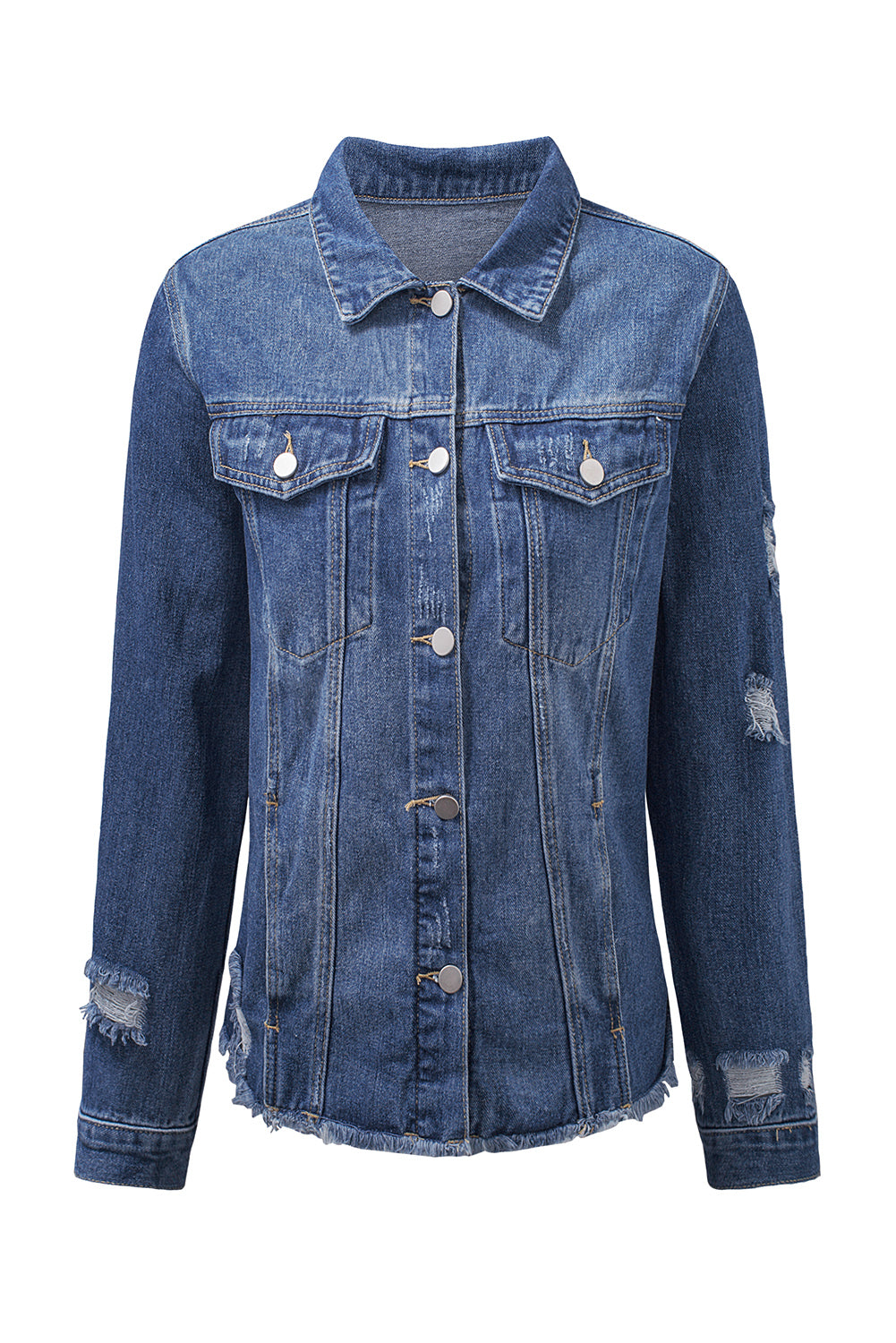Blue Lapel Distressed Raw Hem Buttons Denim Jacket Denim Jackets JT's Designer Fashion