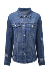 Blue Lapel Distressed Raw Hem Buttons Denim Jacket Denim Jackets JT's Designer Fashion