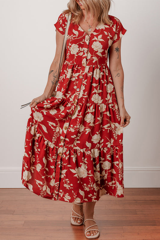Red Floral Print Buttoned Front V Neck Tiered Short Sleeve Midi Dress Midi Dresses JT's Designer Fashion