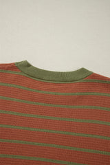Brown Stripe Trimmed Round Neck Drop Shoulder Loose Sweater Sweaters JT's Designer Fashion