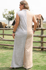 Gray Stripe Plus Size Color Block Buttoned Sleeveless Wide Leg Jumpsuit Plus Size Bottoms JT's Designer Fashion