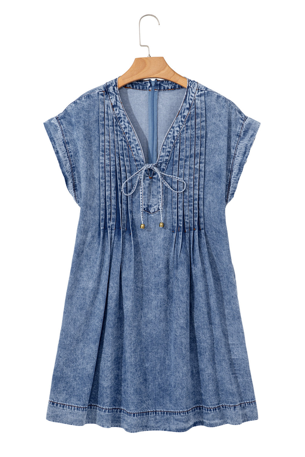 Beau Blue Tie V Neck Tucking Detail Short Sleeve Denim Shift Dress Mini Dresses JT's Designer Fashion
