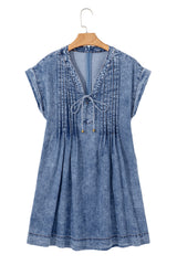 Beau Blue Tie V Neck Tucking Detail Short Sleeve Denim Shift Dress Mini Dresses JT's Designer Fashion
