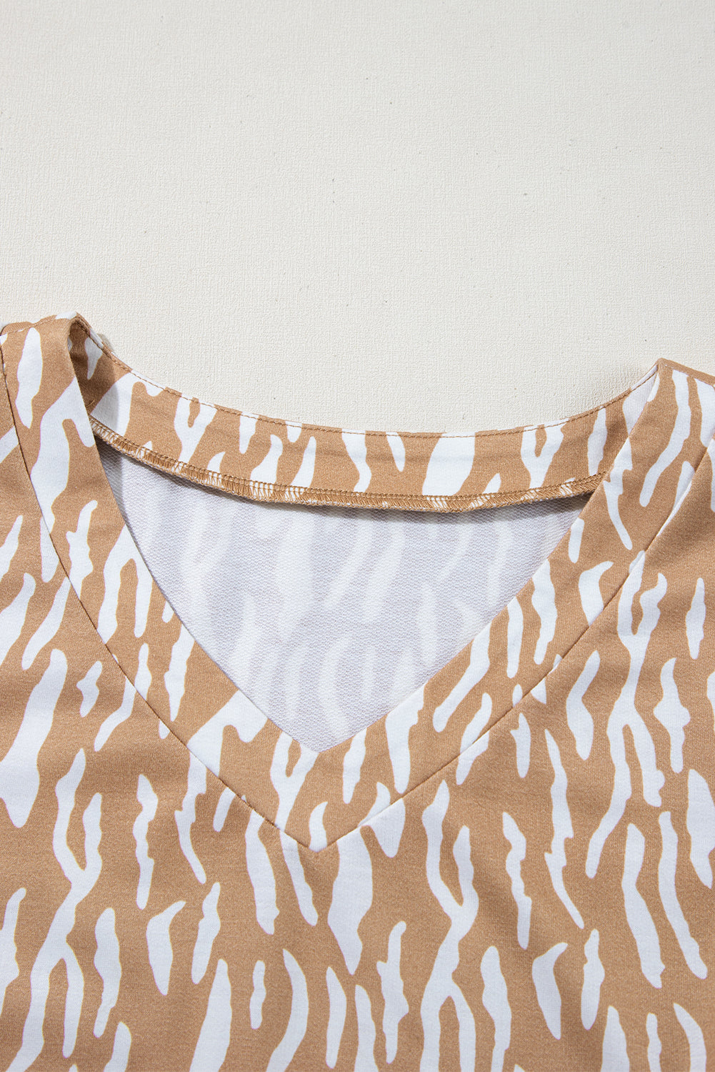 Khaki Abstract Print V Neck Short Sleeve Shift T Shirt Dress T Shirt Dresses JT's Designer Fashion