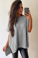 Gray Short Sleeve Side Slit Oversized Sweater Sweaters & Cardigans JT's Designer Fashion