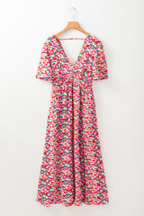 Red Floral Half Sleeve Deep V Neck Cutout Back Split Maxi Dress Floral Dresses JT's Designer Fashion