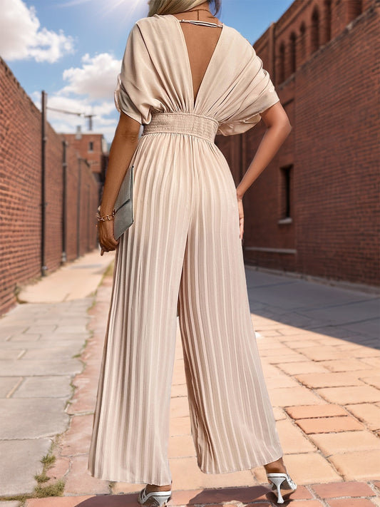 Pleated Short Sleeve Wide Leg Jumpsuit Jumpsuits & Rompers JT's Designer Fashion