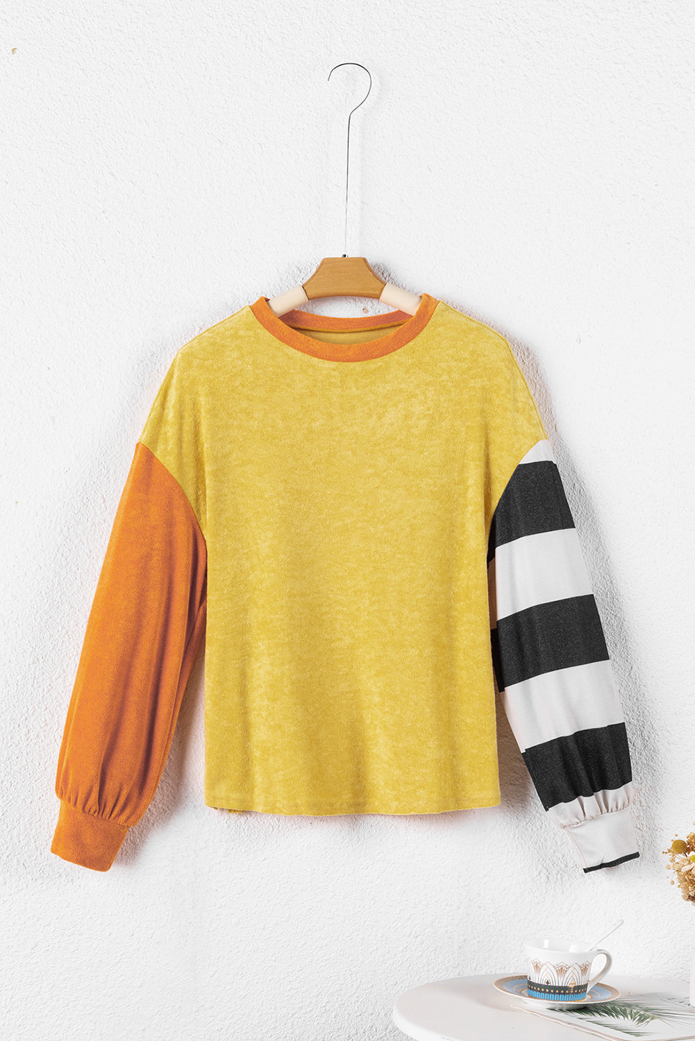 Ginger Colorblock Striped Sleeve Patchwork Drop Shoulder Top Long Sleeve Tops JT's Designer Fashion