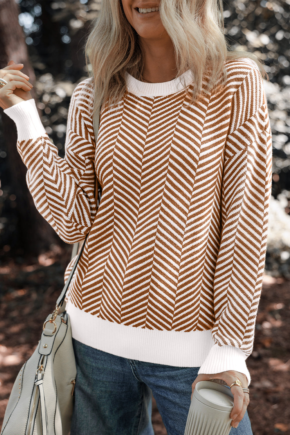Coffee Contrast Edge Crew Neck Drop Shoulder Sweater Coffee 50%Viscose+28%Polyester+22%Polyamide Sweaters JT's Designer Fashion