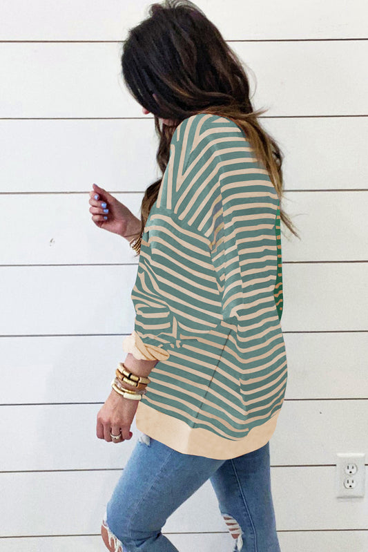 Green Stripe Casual Stripe Colorblock Drop Shoulder Oversize Sweatshirt Sweatshirts & Hoodies JT's Designer Fashion