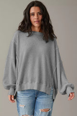 Gray Waffle knit Bishop Sleeve Split Oversized Top Long Sleeve Tops JT's Designer Fashion