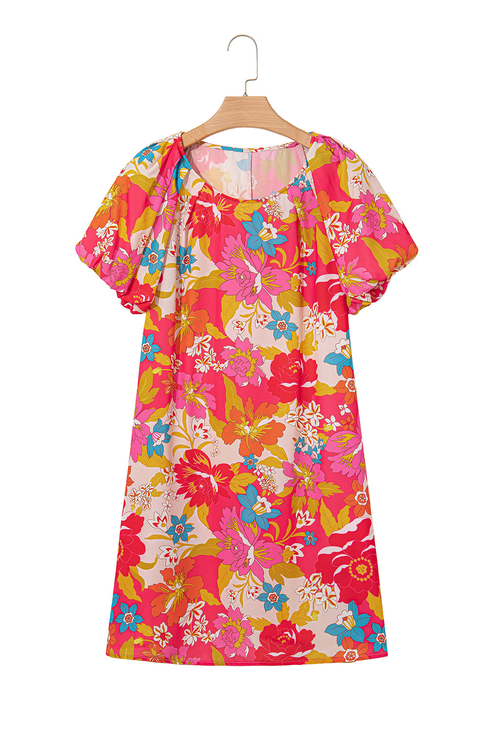 Pink Floral Print Bubble Short Sleeve Dress Floral Dresses JT's Designer Fashion