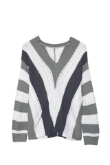 Gray Striped Colorblock V Neck Knitted Sweater Sweaters & Cardigans JT's Designer Fashion