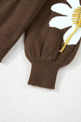 Coffee Big Flower Pattern V Neck Drop Shoulder Sweater Sweaters JT's Designer Fashion
