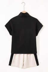 Black Contrast Zipped Stand Collared T Shirt and Short Set Short Sets JT's Designer Fashion