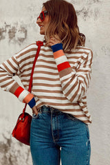 Brown Stripe Colorblock Bishop Sleeve Turtleneck Sweater Sweaters JT's Designer Fashion