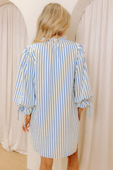 Sky Blue Stripe Knotted Bracelet Sleeve Notched Neck Shift Mini Dress Mini Dresses JT's Designer Fashion